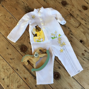 Personalized white linen boys suit. Baptism outfit