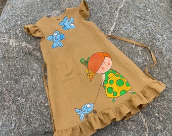 Cottagecore girls linen dress Peasant fairy core dress Hand painted