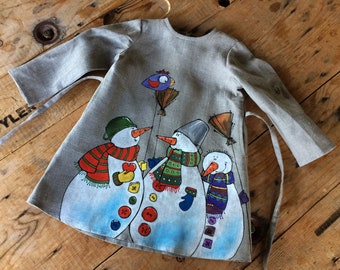 Cottagecore winter dress Girls linen dress Handmade painted clothes