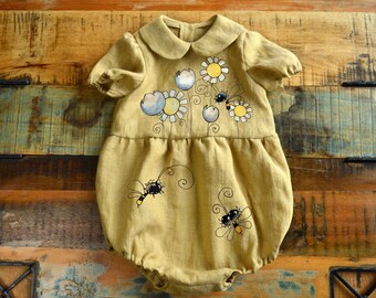 Bee romper Baby linen jumpsuit Girls cottagecore clothing Hand painted