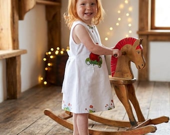 Girls white linen tunic dress Organic flax baby clothing with painted Red Flower
