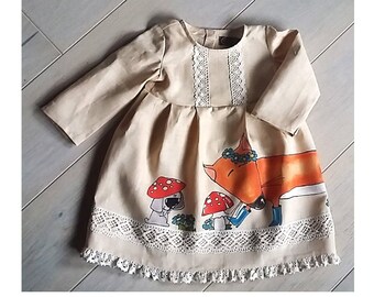 Fox cottagecore dress Long sleeve winter dress Hand painted Ivory linen