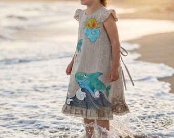 Baby shark birthday linen dress. Girls' flax clothing. Hand painted