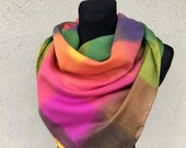 Light cotton plaid scarf. Hand painted organic flax square scarf.