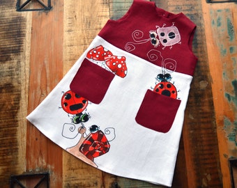 Girls linen tunic dress with painted Lady Bugs White and burgundy flax clothing