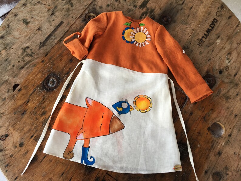 Cottagecore dress Woodland girls linen dress song sleeve hand painted Fox art
