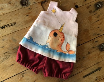 Girls nautical romper Narwhal linen jumpsuit In stock Size 12-18