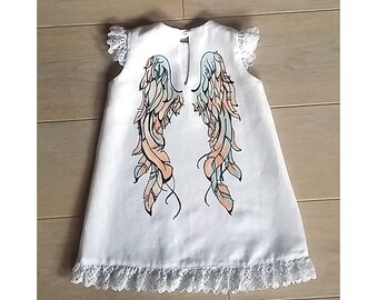 Toddler party dress White linen dress Hand painted Angel wings