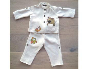 Flax clothing boy. White linen ring bearer suits. Hand painted