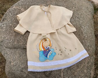 Baby christening dress Girls linen dress Handmade painted clothes