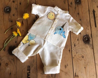 Boys linen fairy core suit Handmade painted clothes