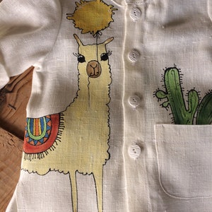 White baby boy linen suit. Beach wedding outfit with hand painted Mama Llama. In stock size 9-12 image 3