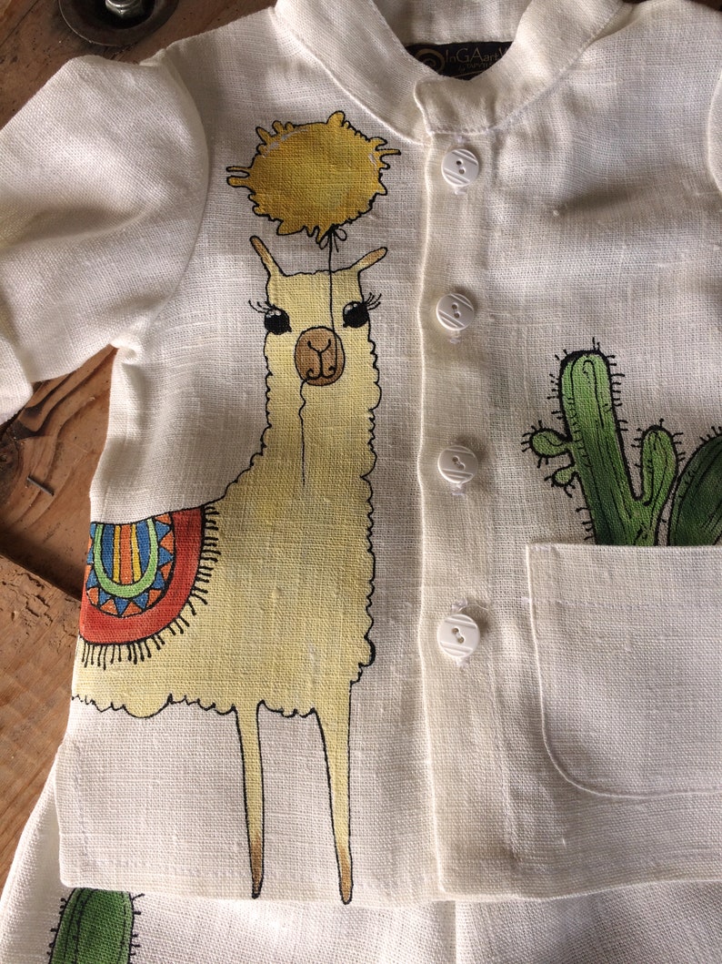 White baby boy linen suit. Beach wedding outfit with hand painted Mama Llama. In stock size 9-12 image 3