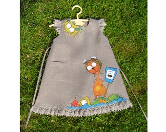 Linen toddler rustic flower girl dress. Peasant girls cat flax clothing. Hand painted
