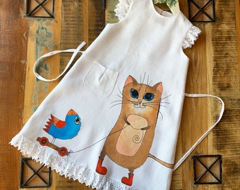 Cottagecore dress Peasant girls linen dress Hand painted Cat art