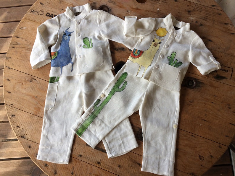 White baby boy linen suit. Beach wedding outfit with hand painted Mama Llama. In stock size 9-12 image 7