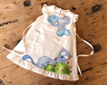 Girls linen dress white. Peasant Cat dress hand painted. In stock Size by height 41" / 104 cm 4T