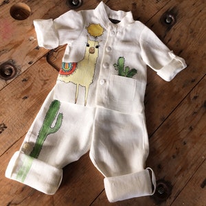 White baby boy linen suit. Beach wedding outfit with hand painted Mama Llama. In stock size 9-12 image 1