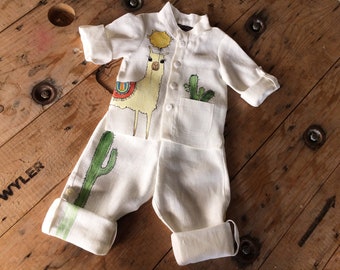 White baby boy linen suit. Beach wedding outfit with hand painted Mama Llama. In stock size 9-12