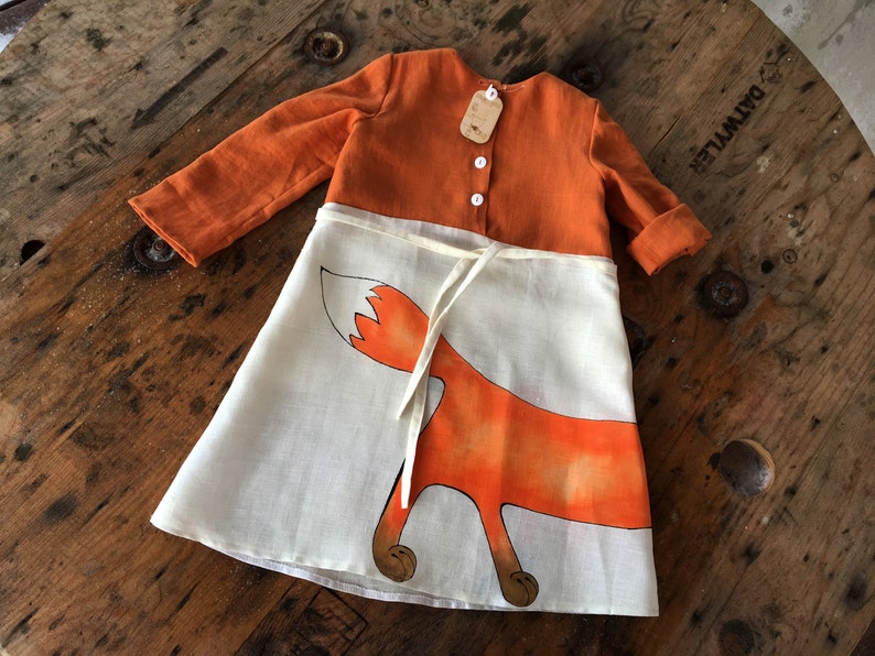 Cottagecore dress Woodland girls linen dress song sleeve hand painted Fox art