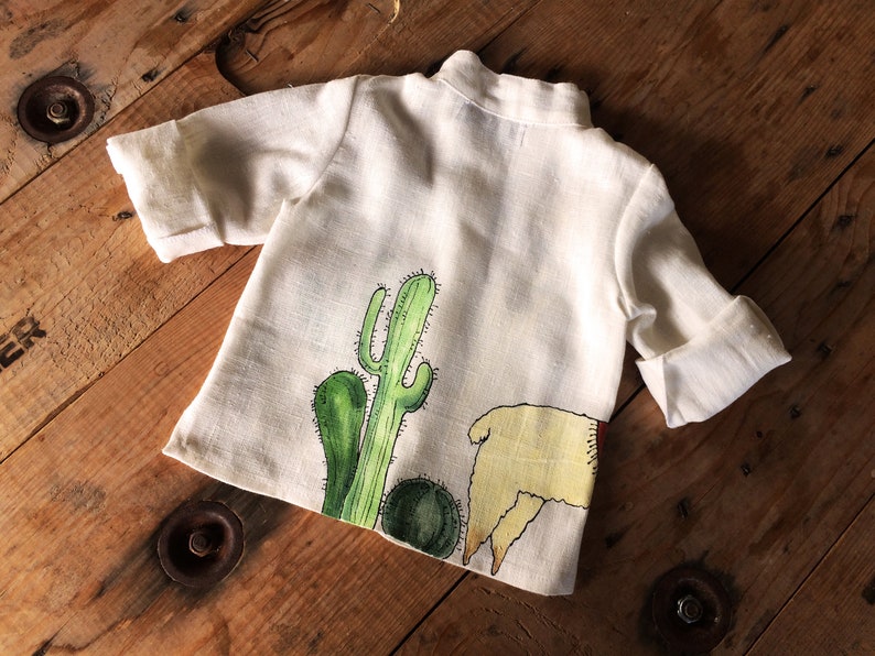 White baby boy linen suit. Beach wedding outfit with hand painted Mama Llama. In stock size 9-12 image 4