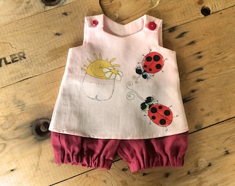 Linen jumpsuit Girls beach romper Dusty rose cottagecore dress Hand painted