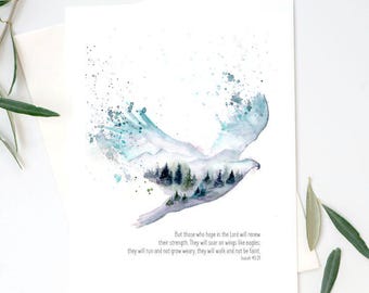 Eagle Soaring, Digital Art Print, Isaiah 40:31, Christian Wall Art, watercolour, Christian Decor, Bible Verse Sign