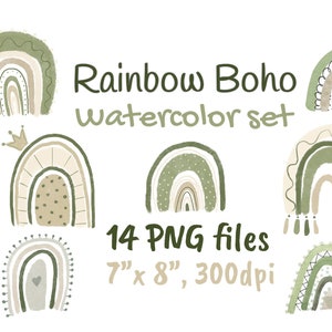 Neutral Rainbow Boho Watercolor Clipart Chartreuse Olive Green Modern Nursery Decor Scandinavian Geometric Greenery Autumn Kid Wall Clip Art