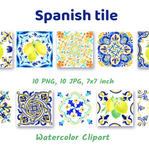 Portuguese Tile Clip Art Mosaic PNG Sublimation Designs Moroccan Watercolor Clipart Lemon Print Kitchen Decor, Wedding, Birthday Invitations
