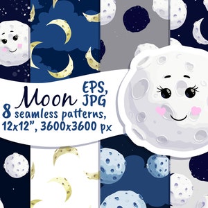 Moon Phase Seamless Digital Pattern Vector Moon Digital Paper Printable Scrapbook Paper Repeating Pattern Eps, Jpg 12 by 12 By ArtPandaShop