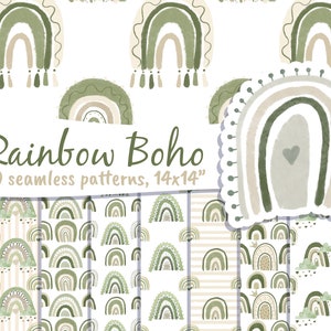 Boho Rainbow Digital Paper Neutral Watercolor Chartreuse Olive Green Seamless Pattern Jpg Modern Baby Background Clipart Pastel Scandinavian