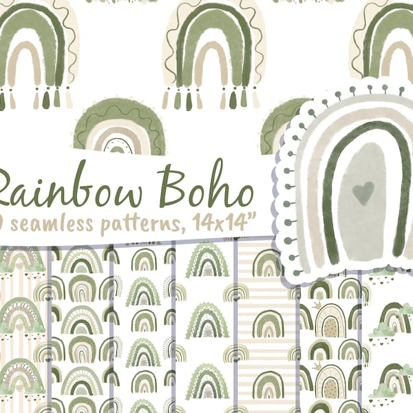 Boho Rainbow Digital Paper Neutral Watercolor Chartreuse Olive Green Seamless Pattern Jpg Modern Baby Background Clipart Pastel Scandinavian