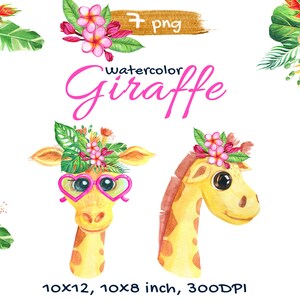 Watercolor Cute Baby Giraffe Animals Nursery Printable. Jungle Zoo African Animal Baby Shower Clipart. Tropical Flowers Bouquet Clip Art Png