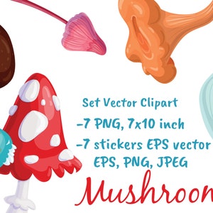 Mushrooms Vector Stickers Art Fairytale Woodland Plants Clipart Forest Life Fall Decor