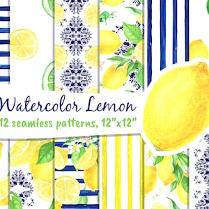 Lemon Digital Paper Watercolor Seamless Patterns Background, Scrapbooking Citrus Fruit Printable Vintage Clipart Png