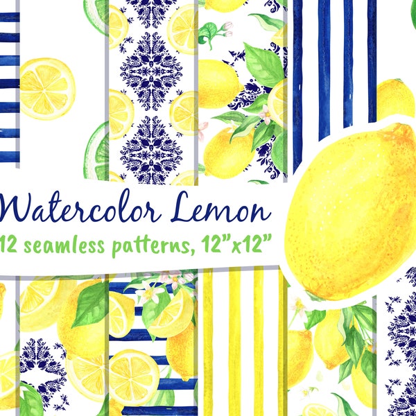 Lemon Digital Paper Watercolor Seamless Patterns Background, Scrapbooking Citrus Fruit Printable Vintage Clipart Png