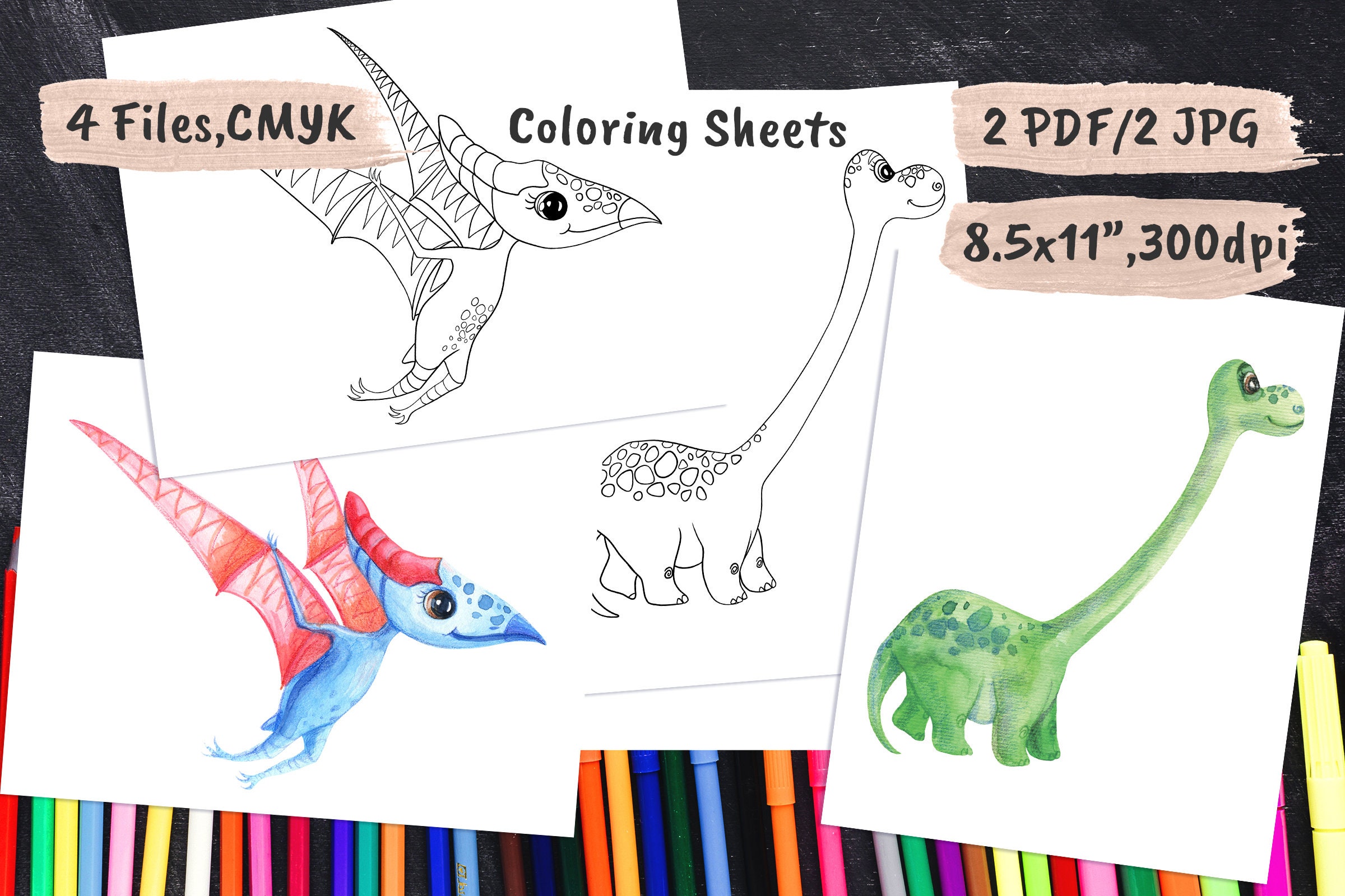 Dinosaur Kids Coloring Book Pages PDF, JPEG By ArtPandaShop