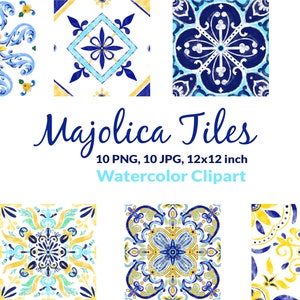 Majolica Tiles Amalfi Clipart Positano Watercolor 12 by 12 Moroccan Clipart Portuguese Mosaic Spanish Mediterranean Italian Wedding