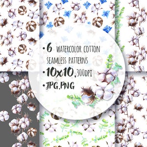Seamless Pattern Watercolor Cotton Floral Digital Scrapbook Paper Pack Clipart Plant Cotton Ball Digital Download Background Texture Flowers