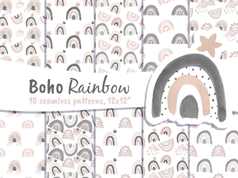 Boho Rainbow Digital Paper: Watercolor Seamless Patterns (digital ...