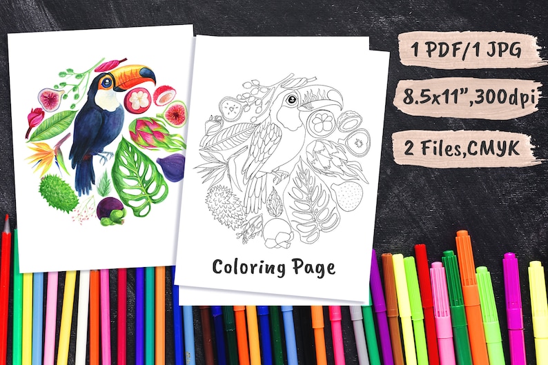 Adult Coloring Sheets Pdf Tropical Plants Kids Activity Color Book Jpeg Ipad Pro Procreate 8.5 x 11