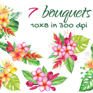 Watercolor Tropical Flowers Hawaiian Wedding Set Pink Flowers Exotic Tropical Wedding Bouquet Watercolor Wreath Clip Art Tropical Summer PNG