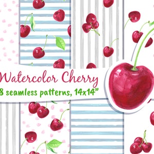 Cherry Digital Paper Watercolor Cherries Red Berries Fruits Summer Seamless Patterns Background Food Berry Scrapbook Printable Clipart Png