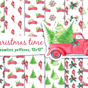 Merry Christmas Seamless Patterns, Watercolor Winter New Year Scrapbook Digital Papers Truck, Poinsettia, Red Cardinal Birds