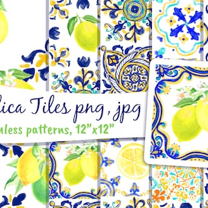Majolica Tiles Positano Seamless Pattern Watercolor 12 by 12 Amalfi Clipart Portuguese Mosaic Mediterranean Lemon Italian Wedding Invitation