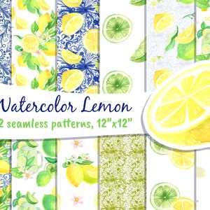 Digital Paper Lemon Art Seamless Pattern Fruit Slice Watercolor Citrus Food Clipart Kitchen Decor Wall Art