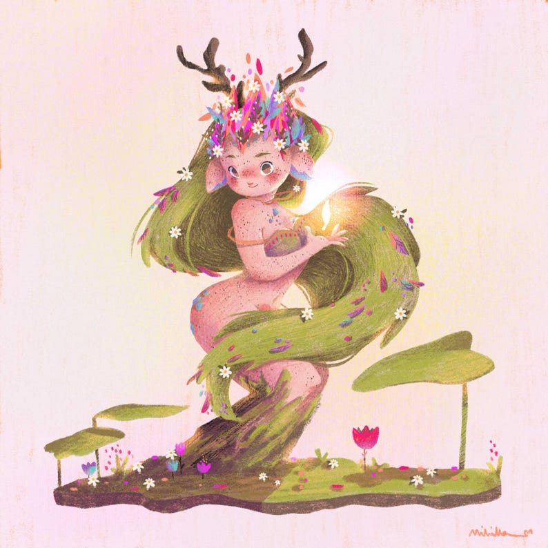 Print Spring Ilustracion primavera Forest nymph illustration Ninfa del bosque Ilustracion Fantasy illustration Digital art Magic creature image 2