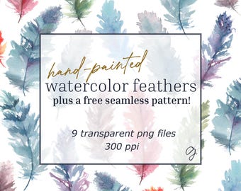 Hand Painted Watercolor Feather Clipart – Transparent PNGs + Bonus Pattern
