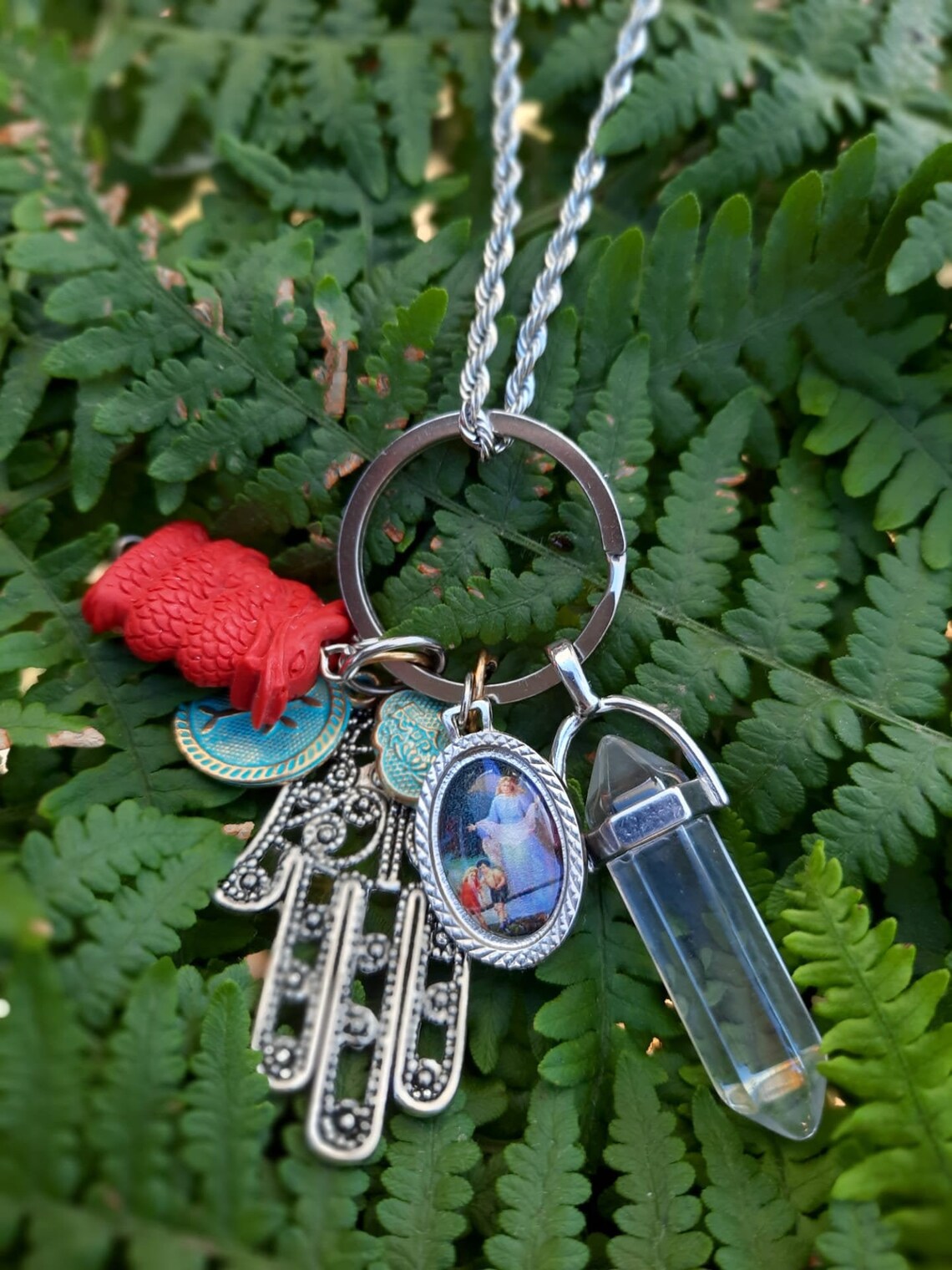 Collar colgante, amuleto de la suerte, colgante de cristal, mano hamsa