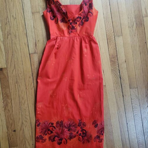 Vintage 60s shops Hawaiian Togs full length tropical floral tiki bombshell wiggle dress vlv volup M